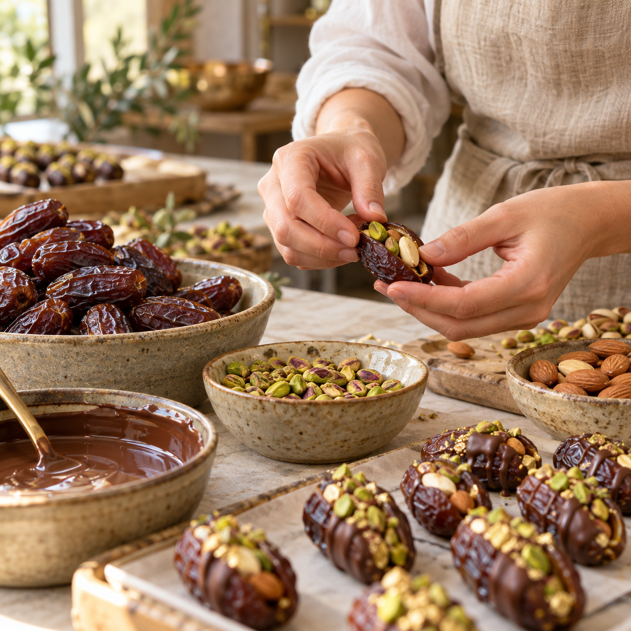 Préparation artisanale de dattes farcies aux pistaches et aux amandes
