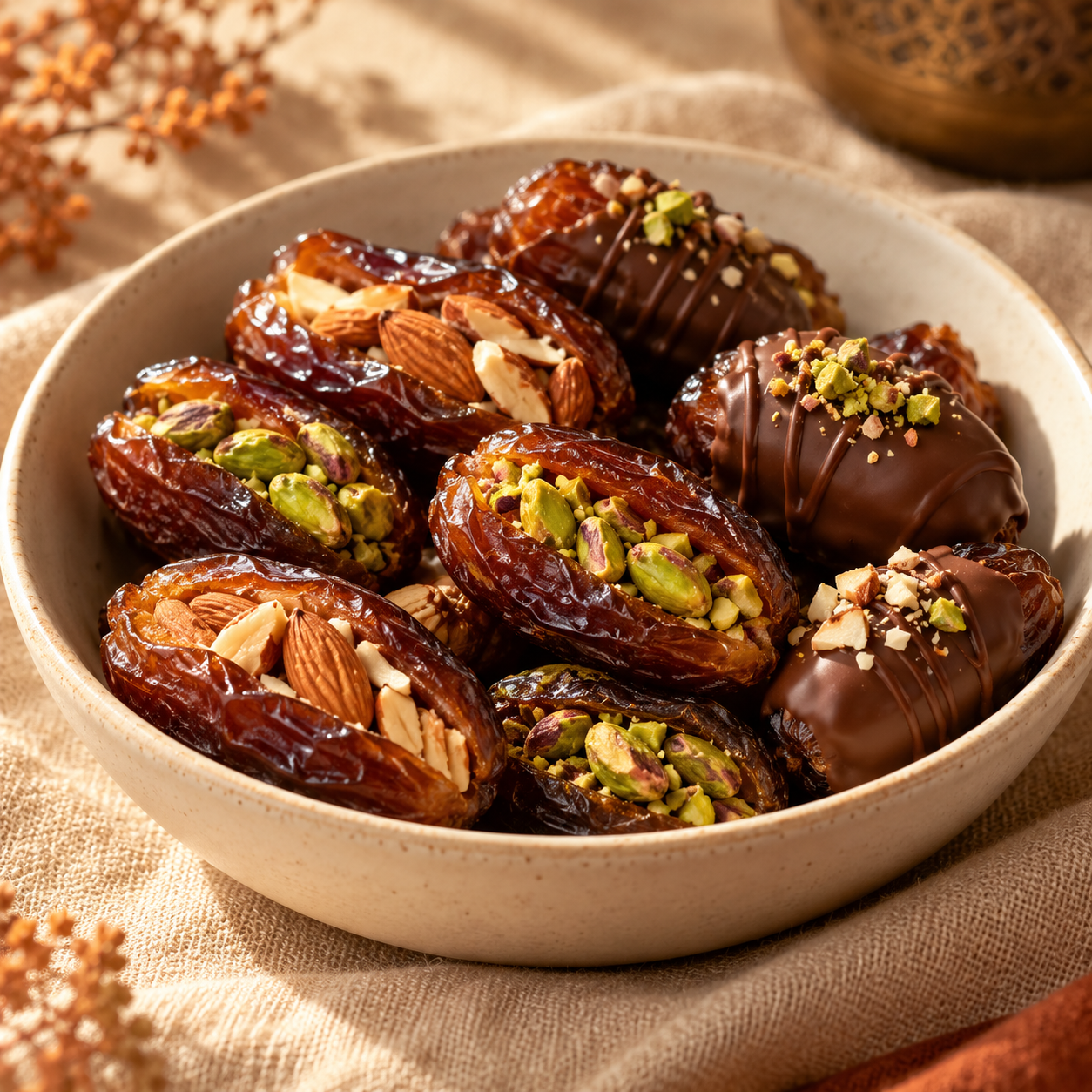 Dattes farcies aux fruits secs et dattes enrobées de chocolat dans un bol